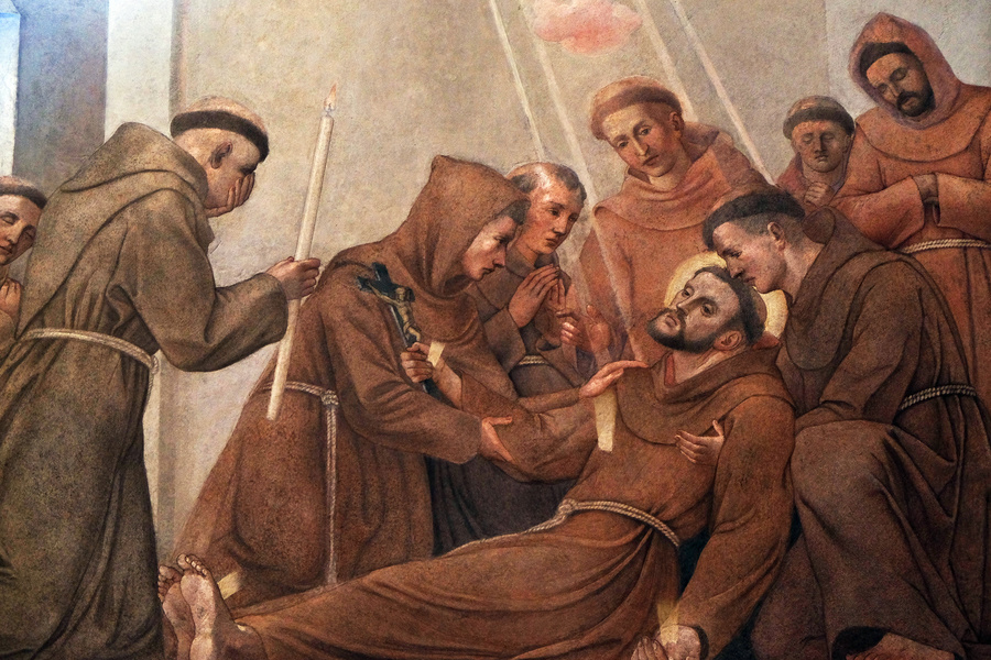 LJUBLJANA, SLOVENIA - JUNE 30: Death of Saint Francis of Assisi, fresco in the Franciscan Church of the Annunciation on Preseren Square in Ljubljana, Slovenia on June 30, 2015