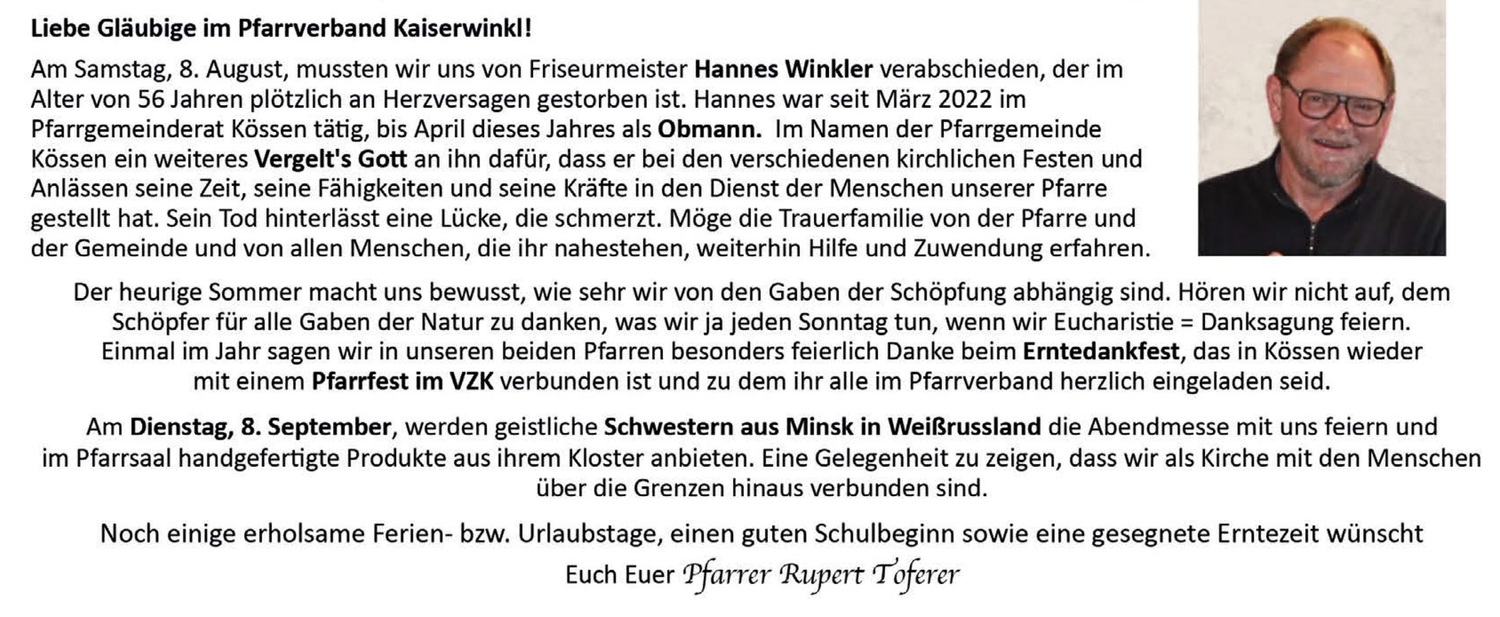 Nachruf Hannes / Pfarrer Rupert Toferer