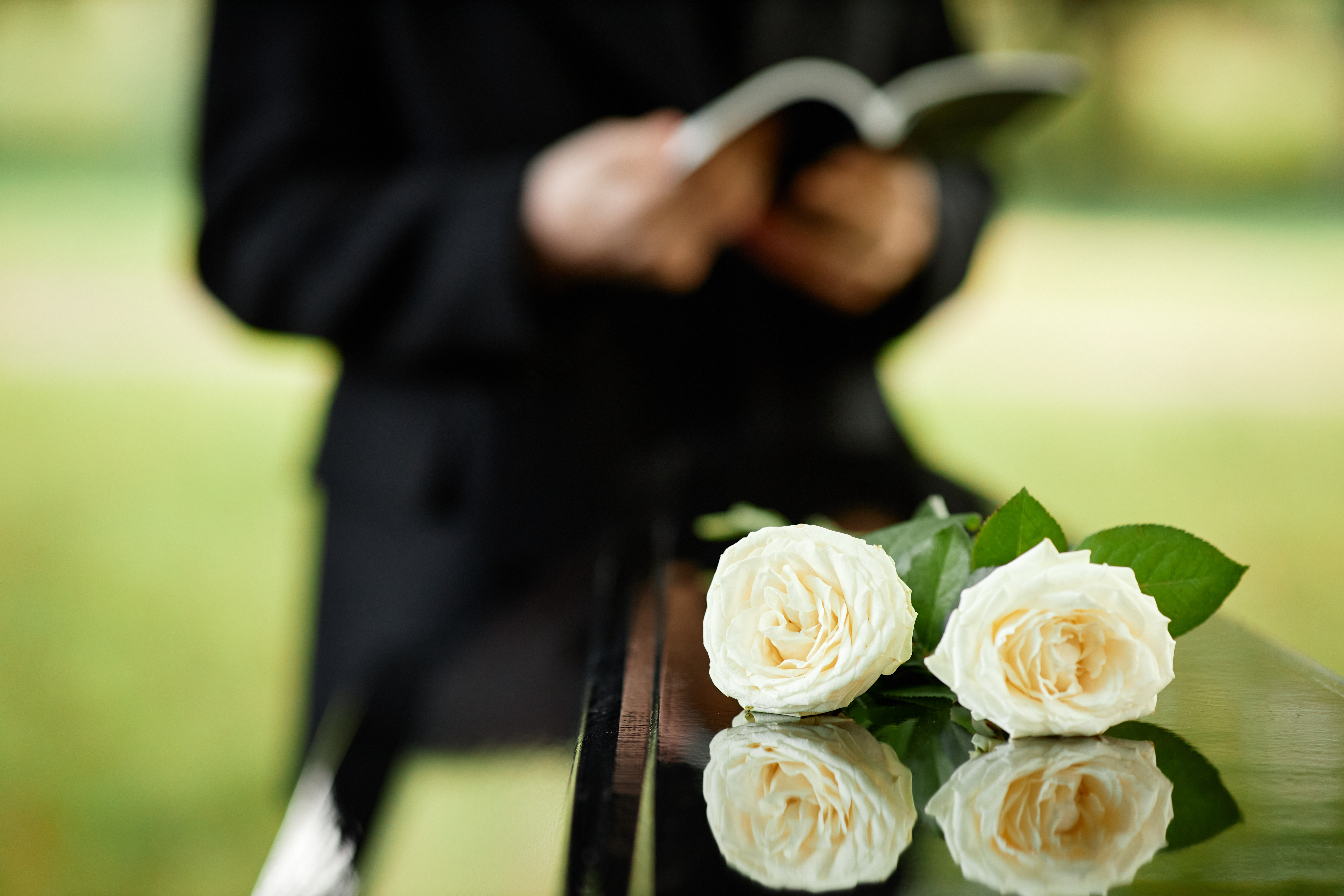 Closeup of two white roses on coffin at funeral ceremony / Seventyfour - stock.adobe.com Closeup of two white roses on coffin at outdoor funeral ceremony, copy space