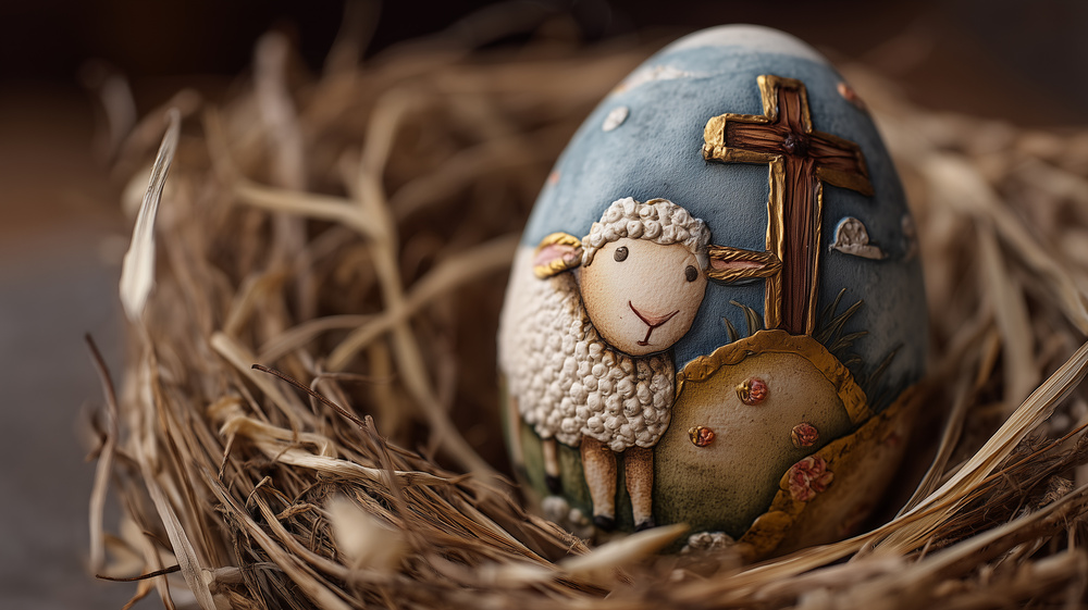 A close-up horizontal photograph of a highly detailed ceramic egg featuring a raised relief of a lamb and a cross, nestled in natural straw with a soft-focus background.